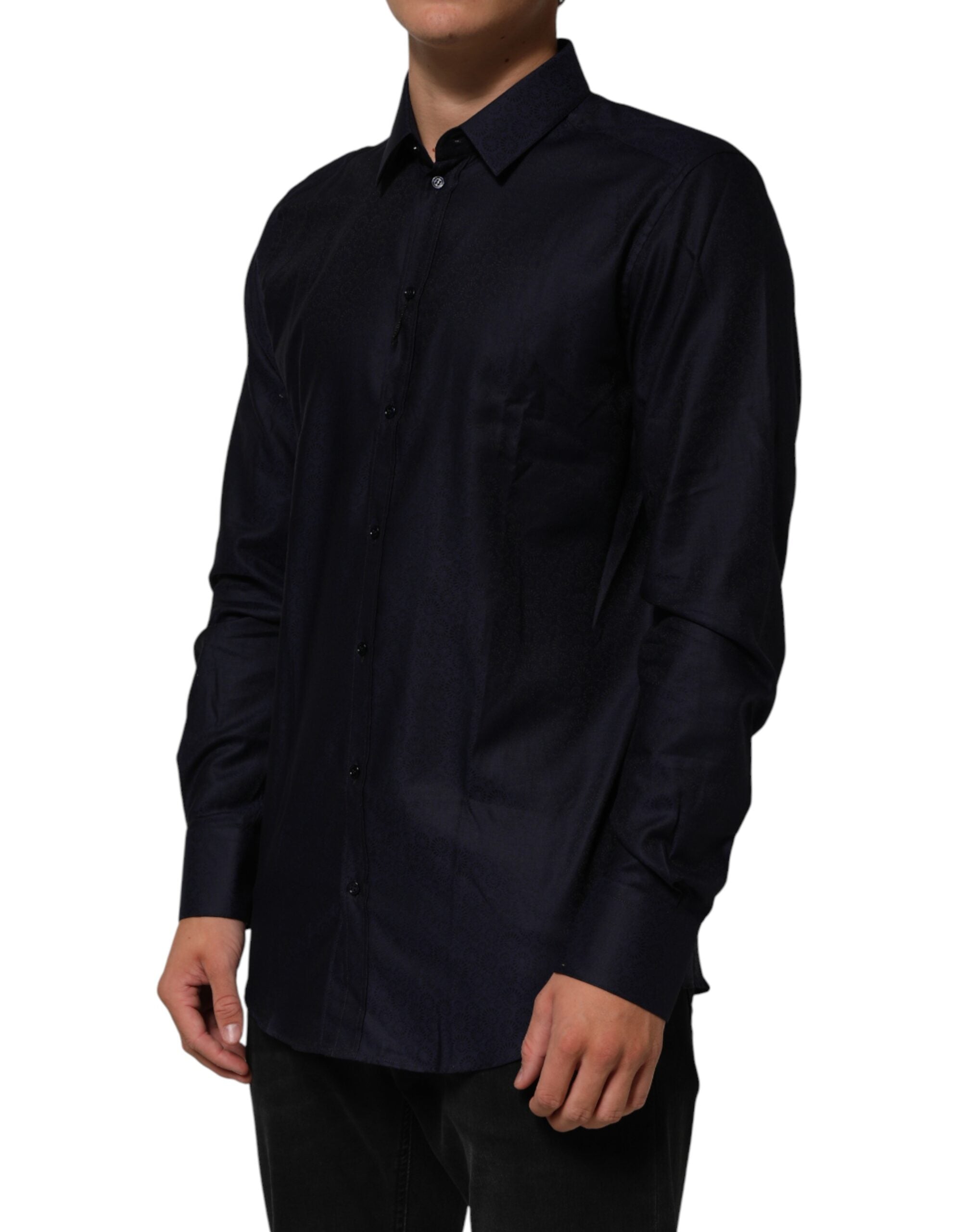 Dolce & Gabbana Blue Cotton Collared Long Sleeve GOLD Men Dress Shirt