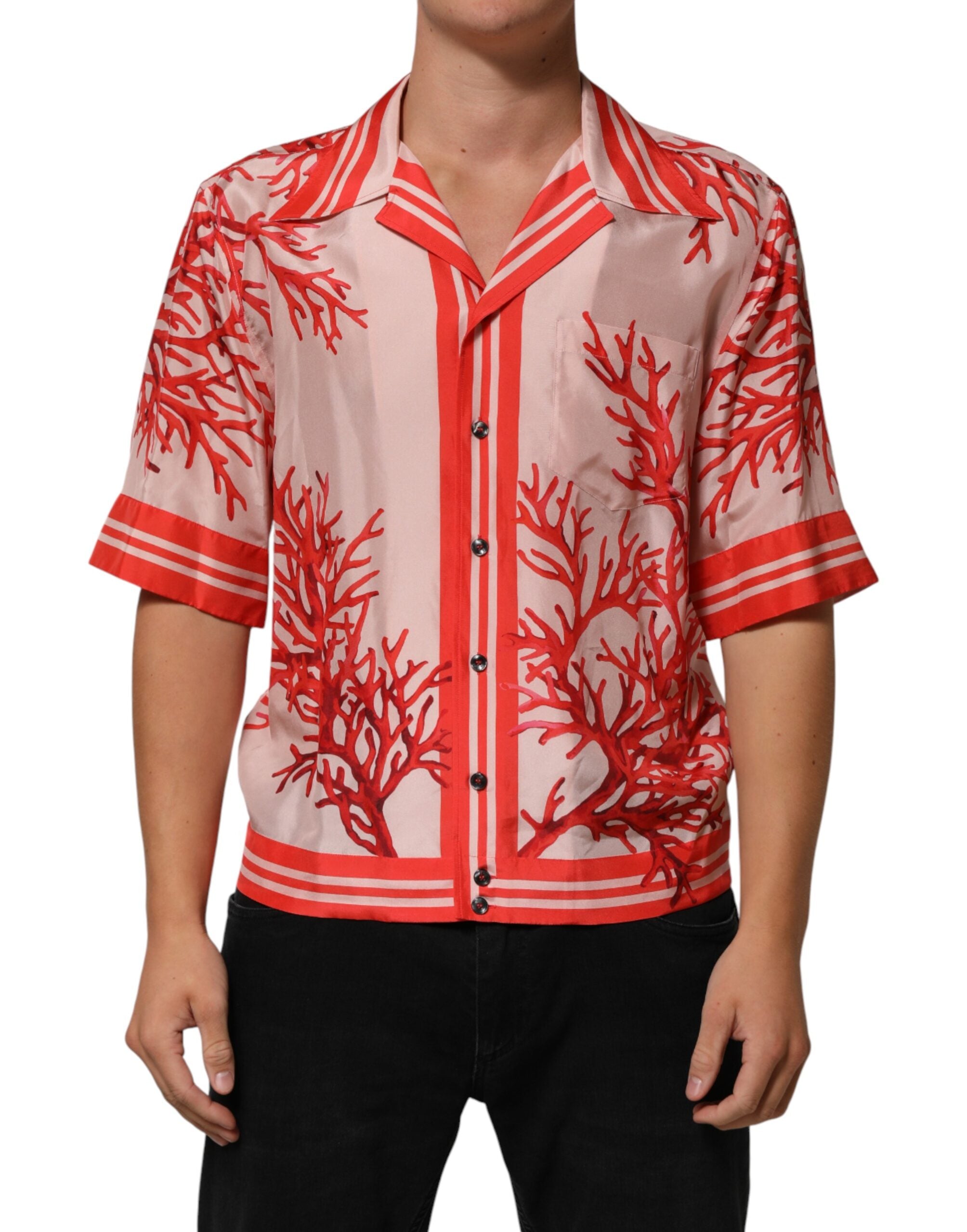Dolce & Gabbana Shirt Red Corals Short Sleeves Button Down