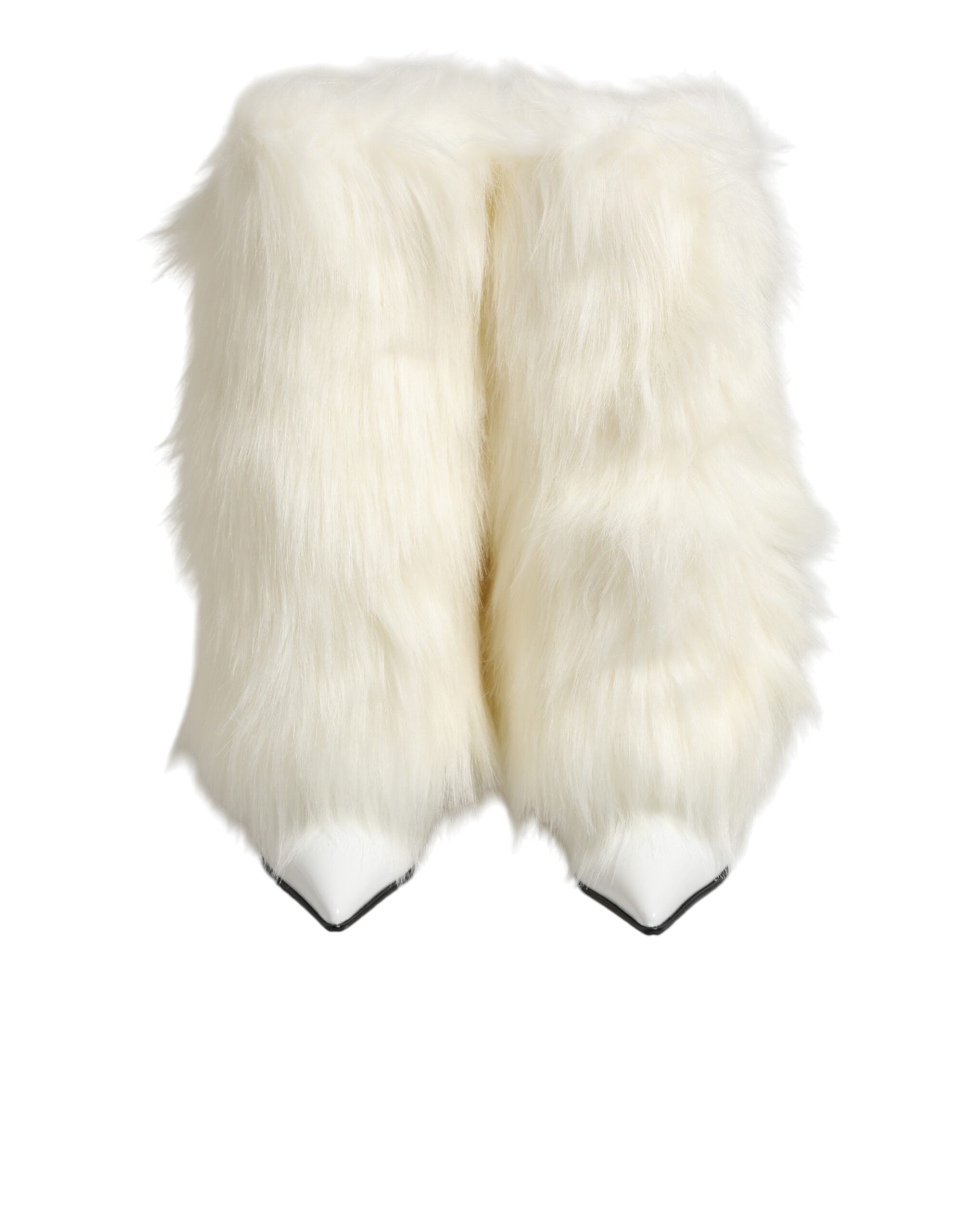 Dolce & Gabbana White Fur Pointed Knee High Stiletto Boots Shoes