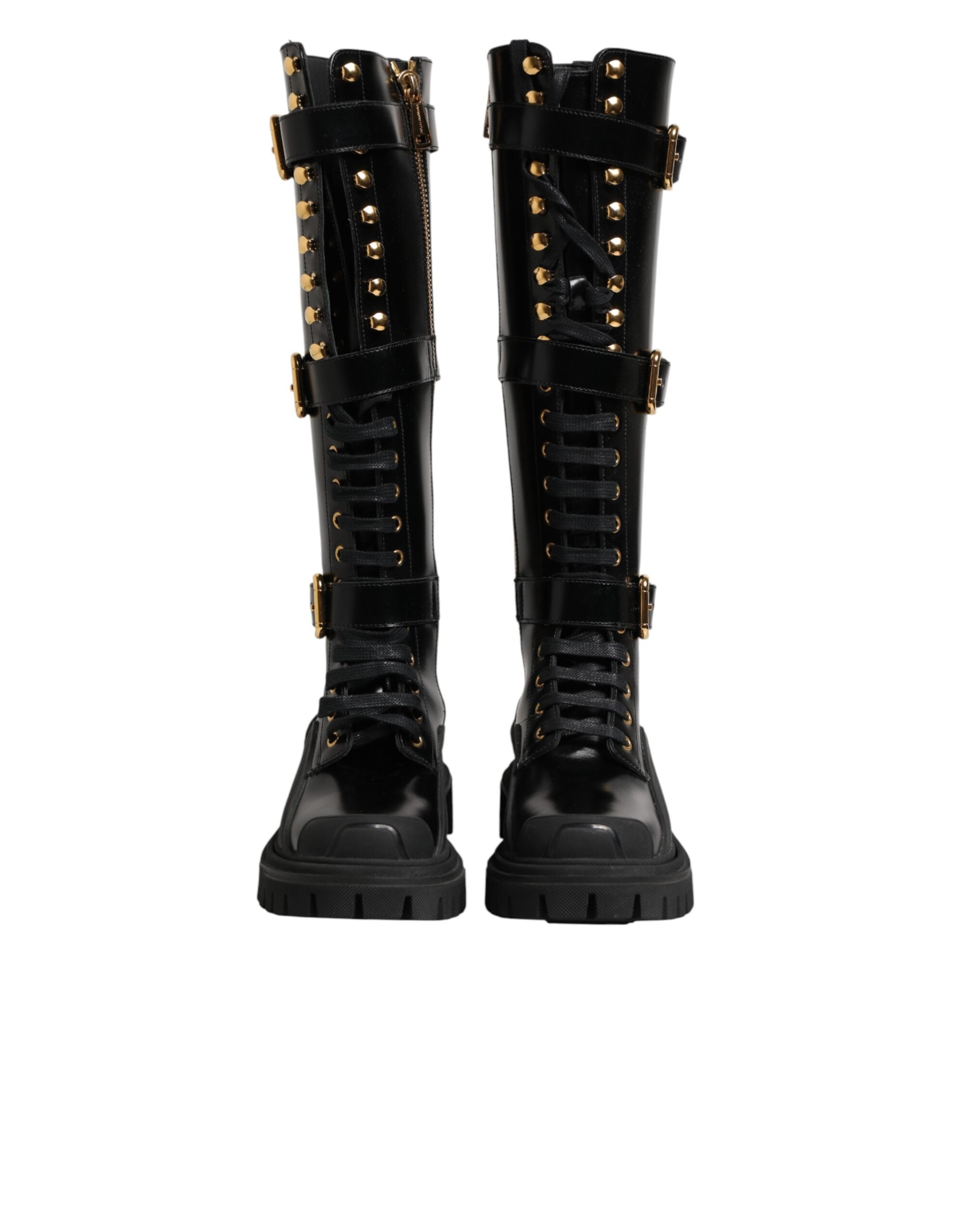 Dolce & Gabbana Black Buckle Embellished Knee High Boots Shoes