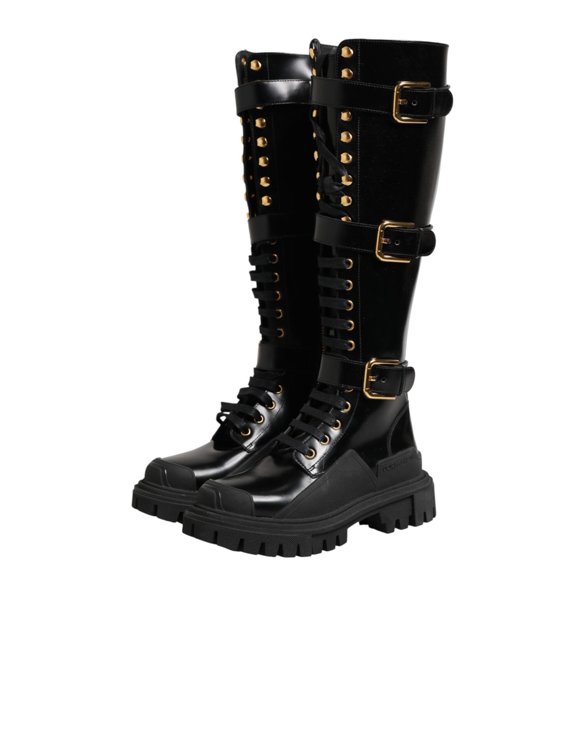 Dolce & Gabbana Black Buckle Embellished Knee High Boots Shoes