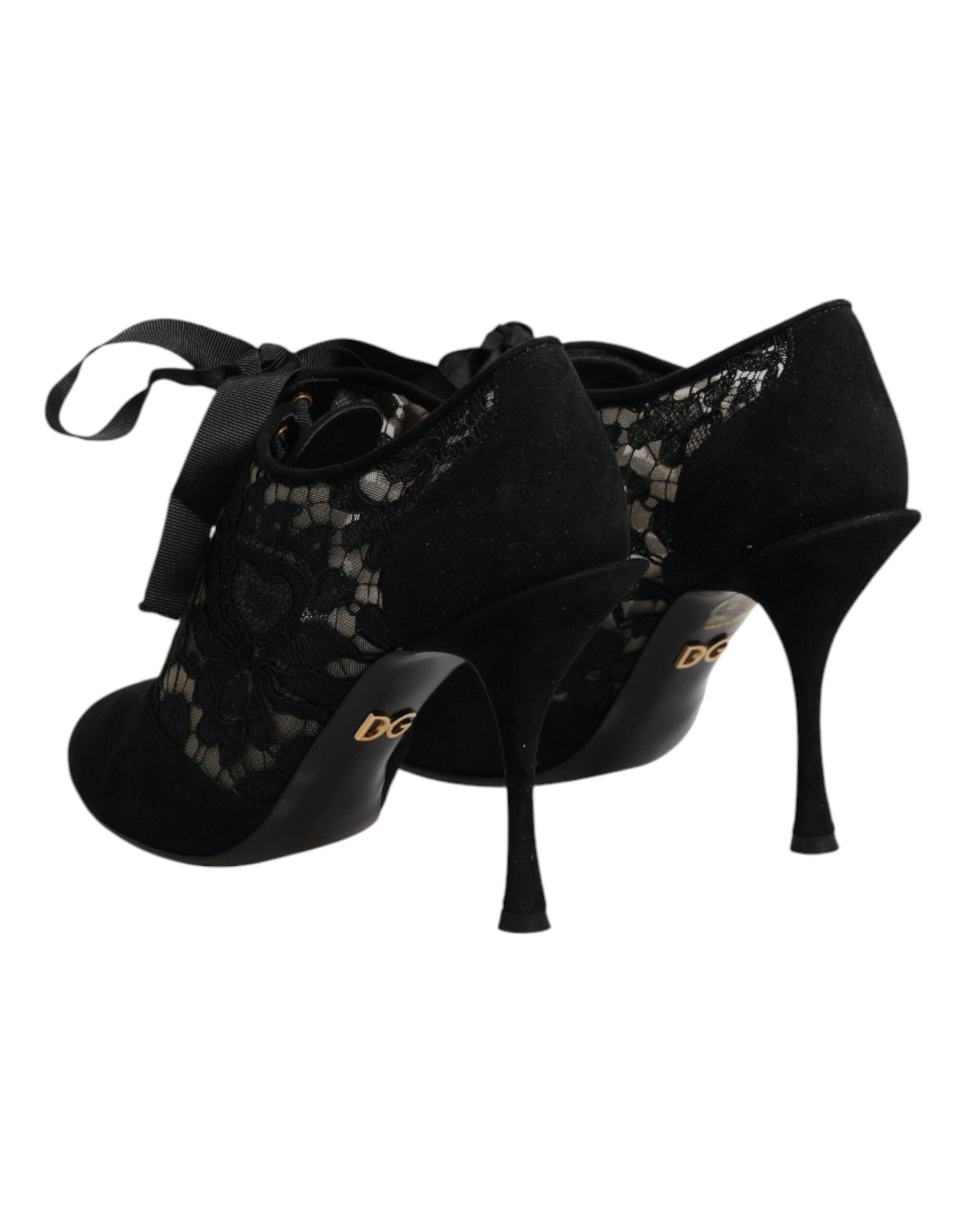 Dolce & Gabbana Black Floral High Heels LACE-UPS Pumps Shoes