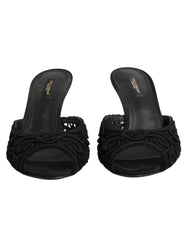 Dolce & Gabbana Black Embroidered Slip On Heels Slides Shoes