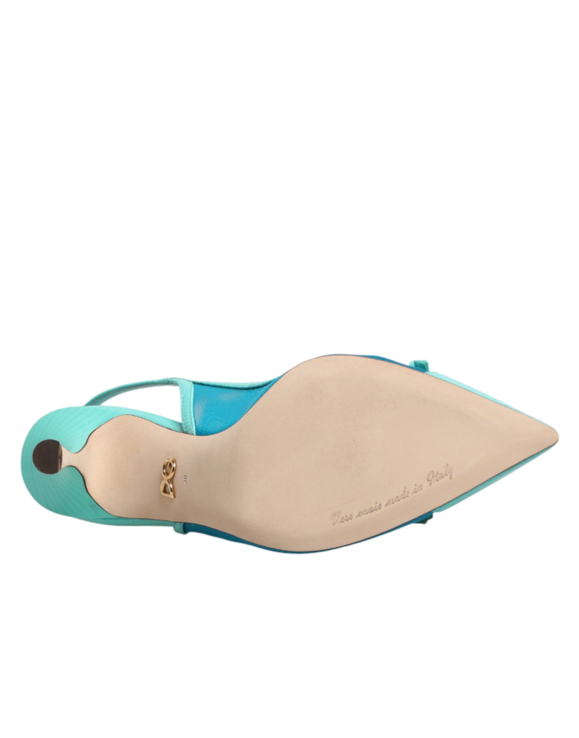 Dolce & Gabbana Blue Leather Mesh Heels Slingback Shoes