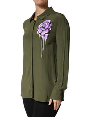 Boutique Moschino Top Green Acetate Collared Long Sleeves Floral Top