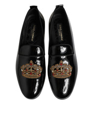 Dolce & Gabbana Black Leather Gold Crown Mens Loafers Shoes