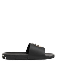 Dolce & Gabbana Black Leather Slides Sandals Beachwear Shoes