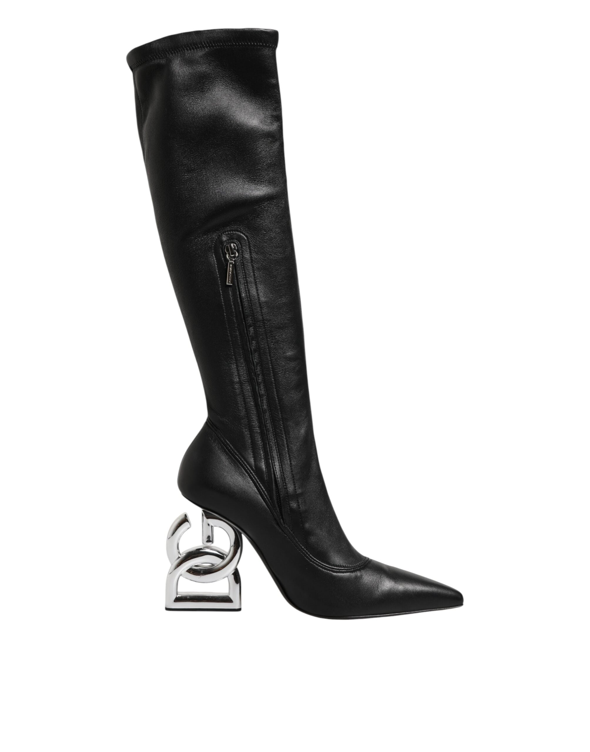 Dolce & Gabbana Black Leather DG Logo Knee High Boots Shoes