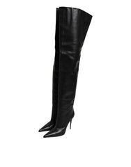 Dolce & Gabbana Black Leather Stiletto Knee High Boots Shoes