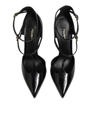 Dolce & Gabbana Black Leather T-STRAPS Heels Sandals Shoes