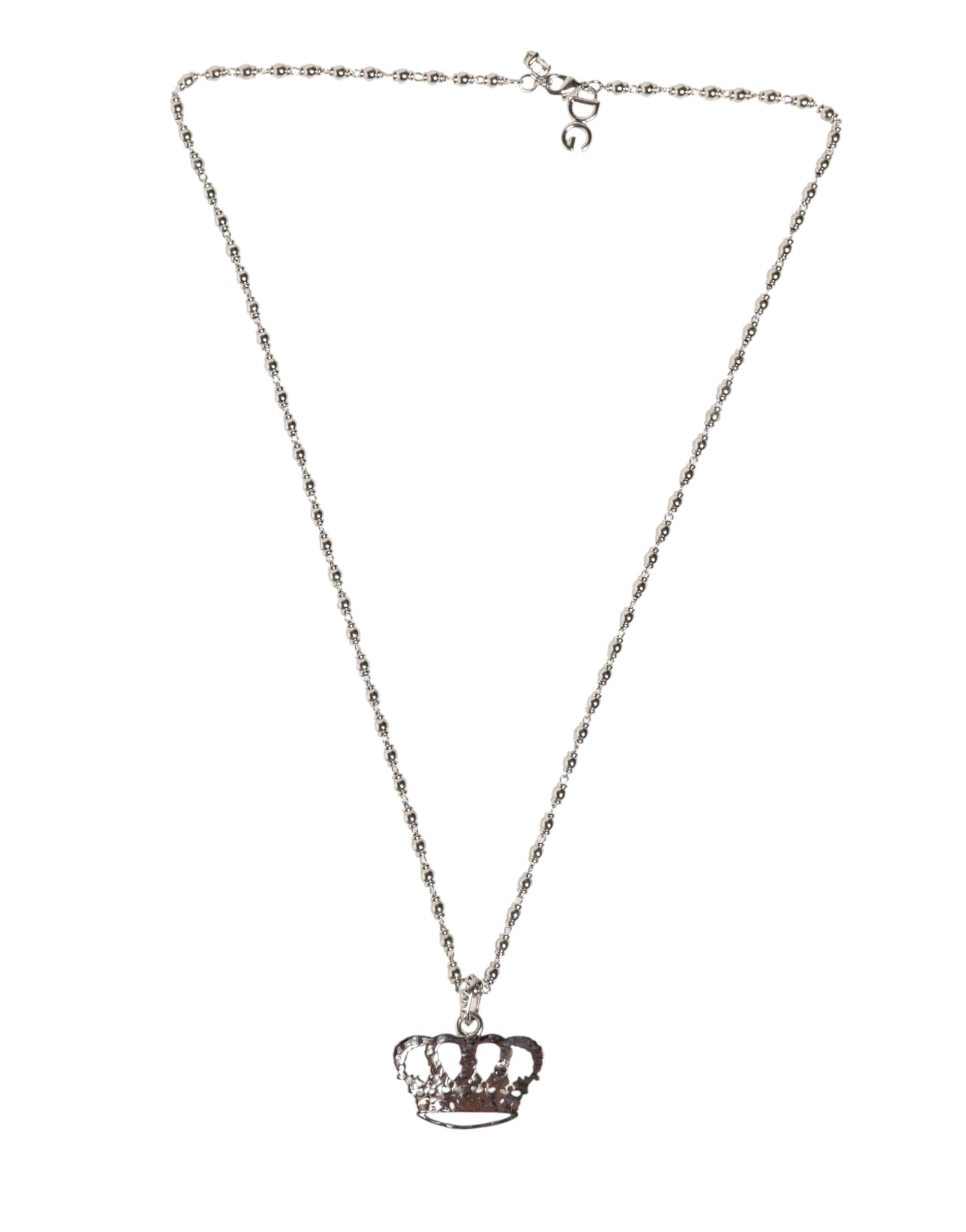 Dolce & Gabbana Silver Tone Brass Chain Crown Crystal Pendant  Necklace