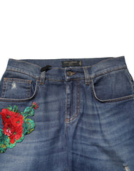 Dolce & Gabbana Blue Floral Embroidered BOYFRIEND Denim Jeans