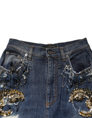 Dolce & Gabbana Blue Cotton Rhinestone Embellish Denim Jeans