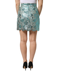 Dolce & Gabbana Blue Floral Brocade High Waist Mini Skirt