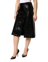 Dolce & Gabbana Black Croc Faux-Leather Mid Waist Midi Skirt
