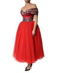 Dolce & Gabbana Red Floral Off Shoulder A-line Gown Dress