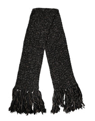 Dolce & Gabbana Black Wool Fringes Neck Wrap Foulard Scarf